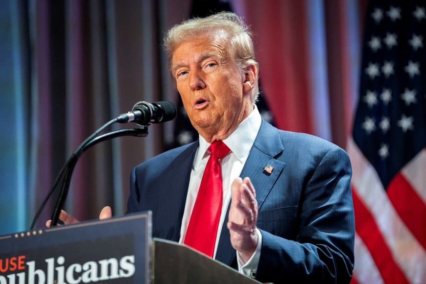 FILE PHOTO: US President-elect Donald Trump speaks during a meeting with House Republicans at the Hyatt Regency hotel in Washington, DC, U.S. on November 13, 2024.     ALLISON ROBBERT/Pool via REUTERS/File Photo