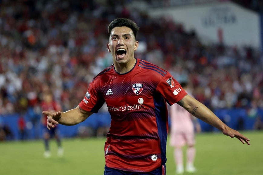 Aug 6, 2023; Frisco, TX, USA; FC Dallas forward Alan Velasco (20) celebrates after scoring during the second half against Inter Miami CF at Toyota Stadium. Mandatory Credit: Kevin Jairaj-USA TODAY Sports