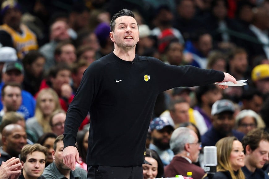 Jan 7, 2025; Dallas, Texas, USA;  Los Angeles Lakers head coach JJ Redick reacts during the game against the Dallas Mavericks at American Airlines Center. Mandatory Credit: Kevin Jairaj-Imagn Images