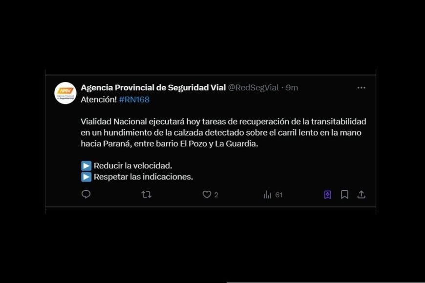 Publicación de la Agencia Provincial de Seguridad Vial