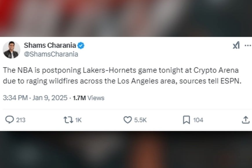 La NBA suspende el partido entre Lakers-Hornets. Créditos: @ShamsCharania en X