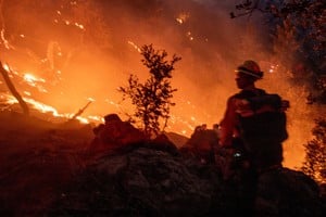 FILE PHOTO: A firefighter battles the fire in the Angeles National Forest near Mt. Wilson as the wildfires burn in the Los Angeles area, during the Eaton Fire in Altadena, California, U.S. January 9, 2025. REUTERS/Ringo Chiu/File Photo