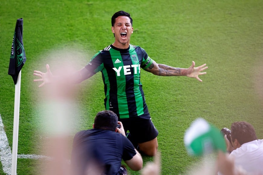 Oct 16, 2022; Austin, Texas, US; Austin FC forward Sebastian Driussi (7) extra time disallowed goal against Real Salt Lake at Q2 Stadium. Mandatory Credit: Erich Schlegel-USA TODAY Sports