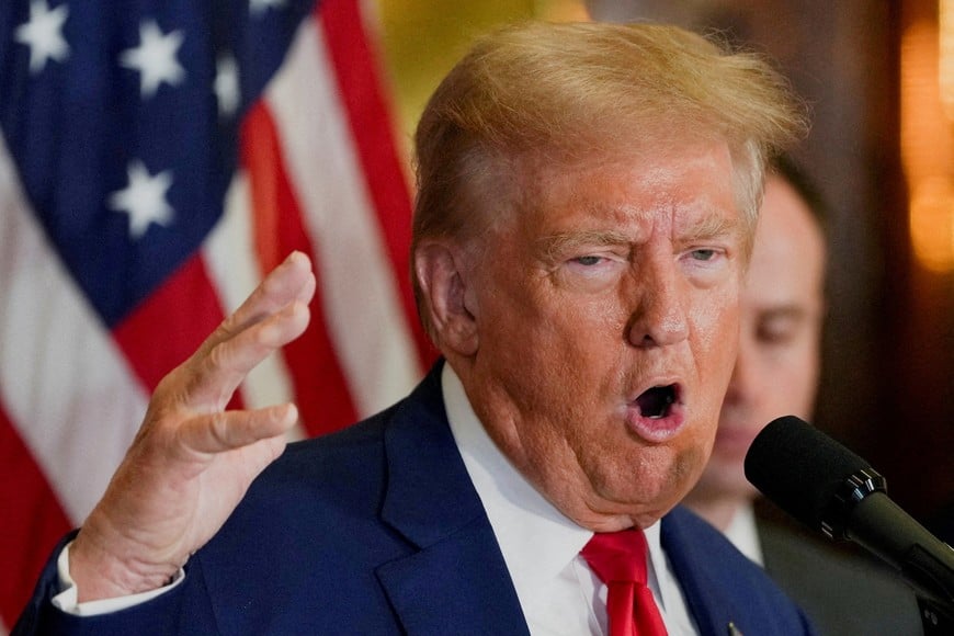 FILE PHOTO: Republican presidential nominee and former U.S. President Donald Trump gestures as he speaks during a press conference at Trump Tower in New York City, U.S., September 6, 2024. REUTERS/David Dee Delgado/File Photo