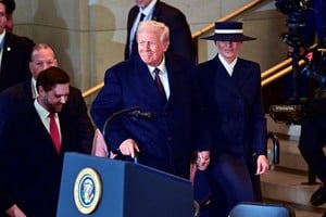 United States President-elect President Donald J Trump and former first lady Melania Trump arrive in Emancipation Hall in the United States Capitol following his Inaugural Address in Washington, DC on January 20, 2025. Ron Sachs/Pool via REUTERS