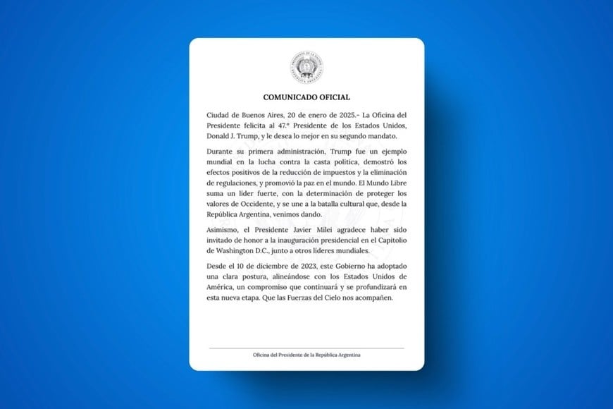 A través de la cuenta de la Oficina del Presidente (@OPRArgentina), en la red social X, el presidente Javier Milei felicitó este lunes a Donald Trump. @OPRArgentina en X