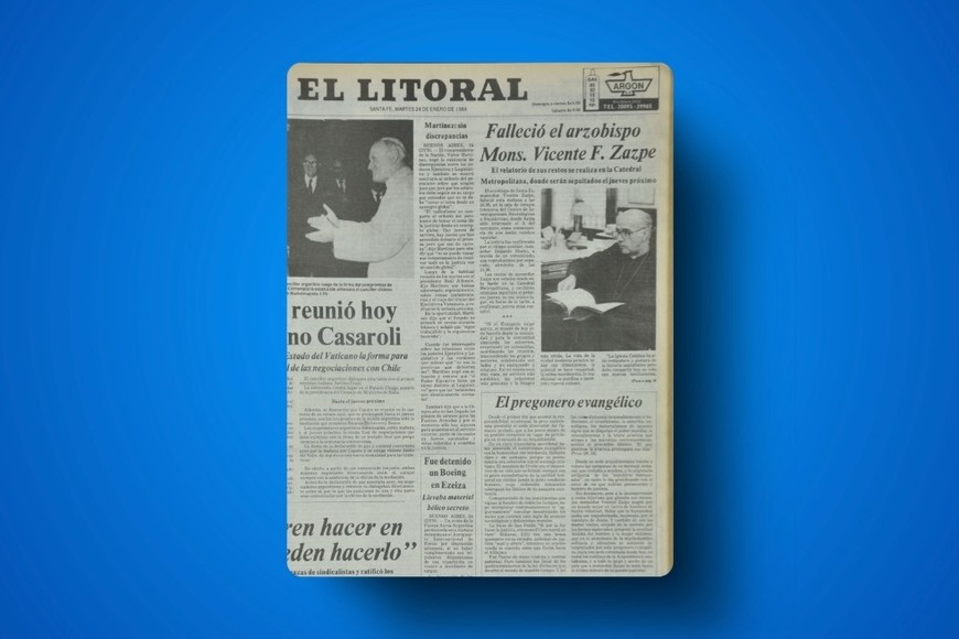 Vista parcial de la tapa del diario El Litoral del martes 24 de enero de 1984, donde se informa en primera plana la muerte del arzobispo de Santa Fe, monseñor Vicente Zazpe, "El pregonero evangélico". Mariano Rinaldi/Archivo El Litoral