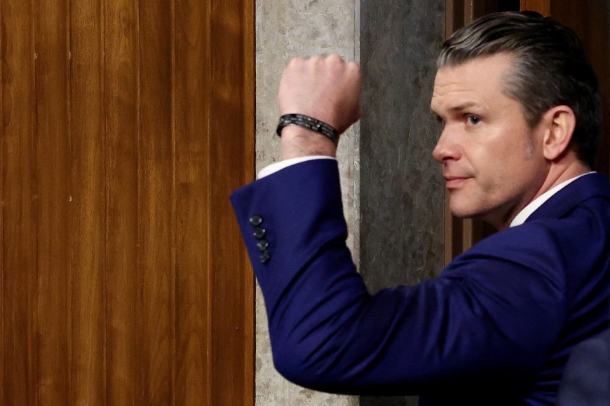 Pete Hegseth, U.S. President-elect Donald Trump's nominee to be secretary of defense, gestures as he leaves a Senate Committee on Armed Services confirmation hearing on Capitol Hill in Washington, U.S., January 14, 2025. REUTERS/Evelyn Hockstein     TPX IMAGES OF THE DAY