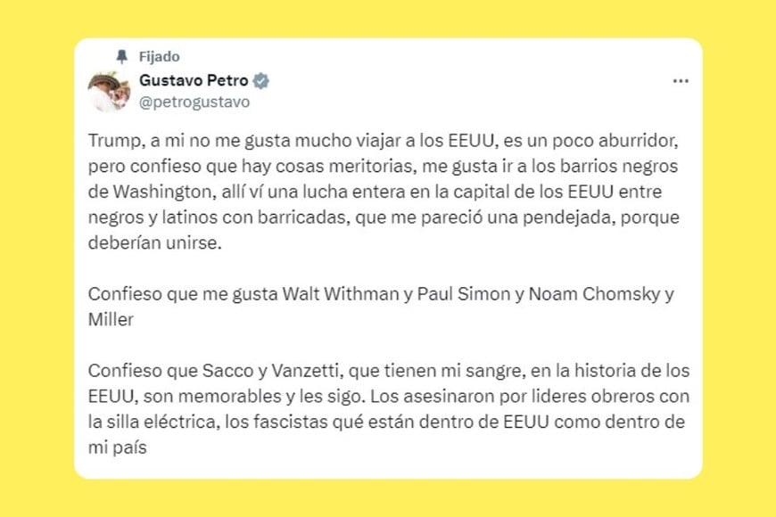 Parte de la publicación de Petro en X, la cual sigue fija en su perfil.