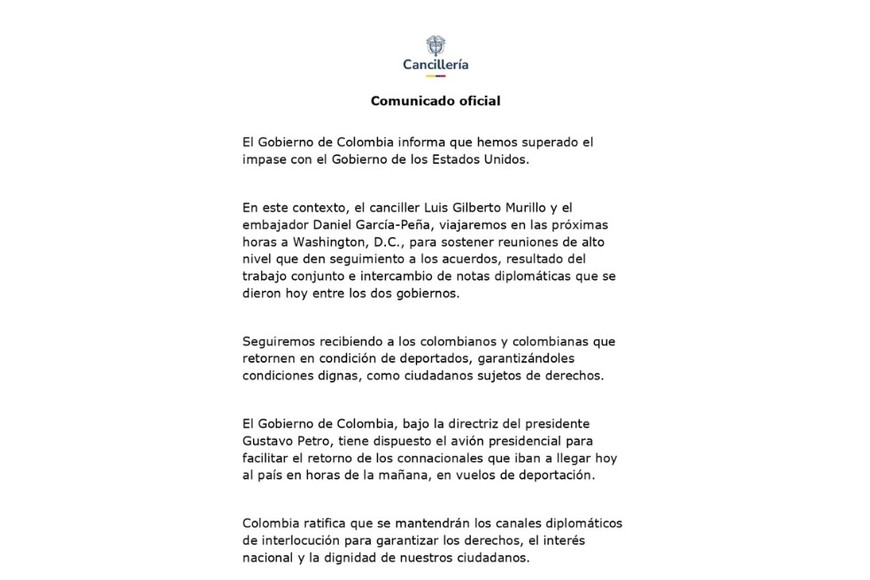 El comunicado del gobierno de Colombia.