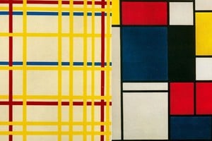 “New York City” y “Cuadro número 2”, dos óleos sobre tela que sintetizan el estilo de Mondrian. Foto: Colección Harry Holtzman / Colección Max Bill