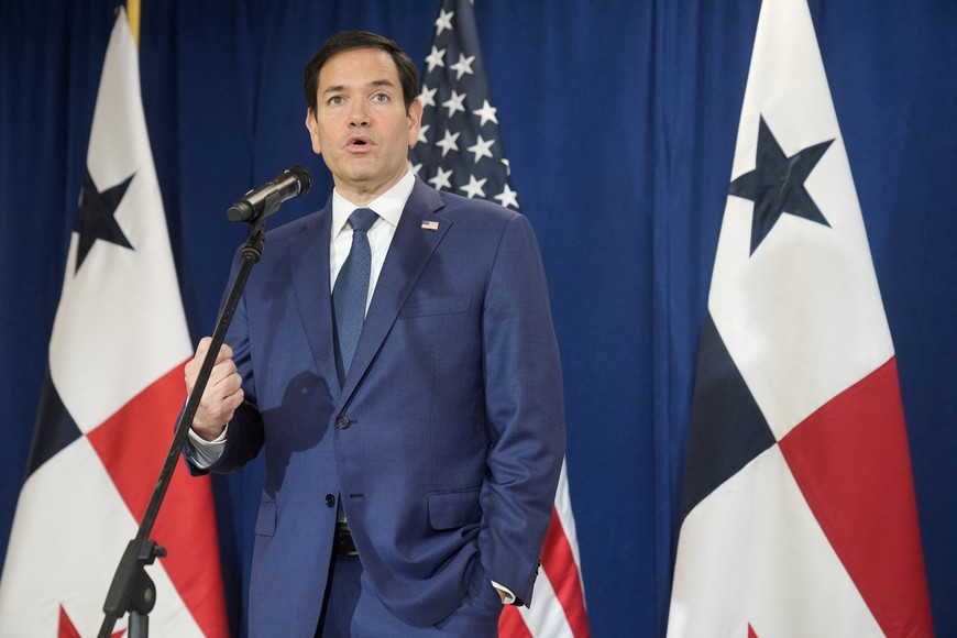 U.S. Secretary of State Marco Rubio speaks to the media after watching people board a repatriation flight bound for Colombia at Albrook Airport, in Panama City, Panama, Feb. 3, 2025. Mark Schiefelbein/Pool via REUTERS