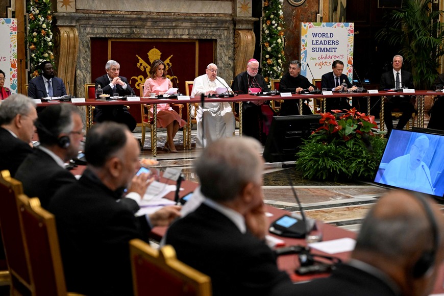 Pope Francis speaks during the World Leaders Summit on children's rights at the Vatican, February 3, 2025.   Vatican Media/­Handout via REUTERS    ATTENTION EDITORS - THIS IMAGE WAS PROVIDED BY A THIRD PARTY.