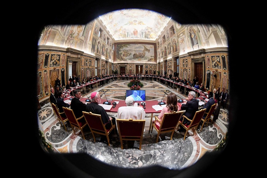 Pope Francis speaks during the World Leaders Summit on children's rights at the Vatican, February 3, 2025.   Vatican Media/­Handout via REUTERS    ATTENTION EDITORS - THIS IMAGE WAS PROVIDED BY A THIRD PARTY.