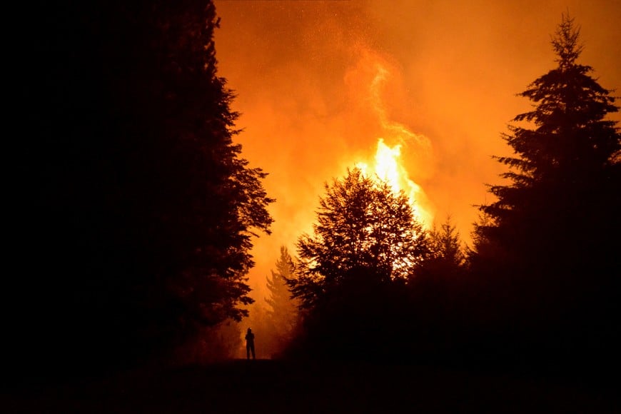 A firefighter stands amid wildfire in El Bolson, in the Patagonian province of Rio Negro, Argentina January 31, 2025. REUTERS/Marcelo Martinez     TPX IMAGES OF THE DAY