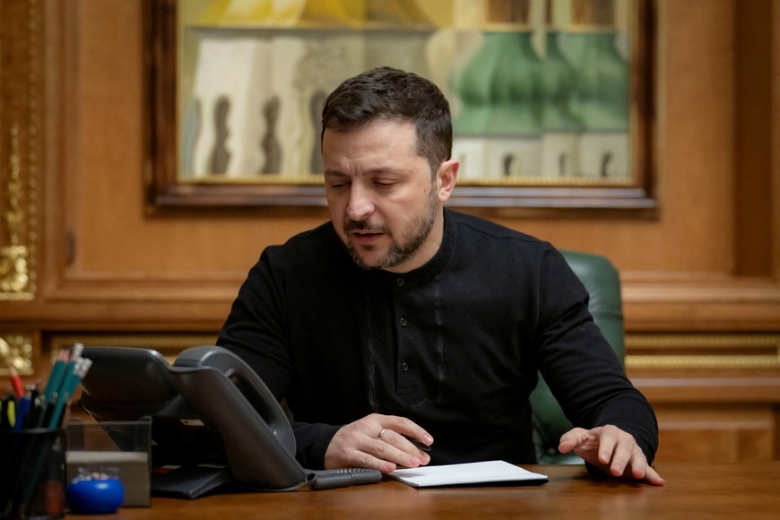 Ukraine's President Volodymyr Zelenskiy speaks with U.S. President Donald Trump via a phone line, amid Russia's attack on Ukraine, in Kyiv, Ukraine February 12, 2025.  Ukrainian Presidential Press Service/Handout via REUTERS ATTENTION EDITORS - THIS IMAGE HAS BEEN SUPPLIED BY A THIRD PARTY.