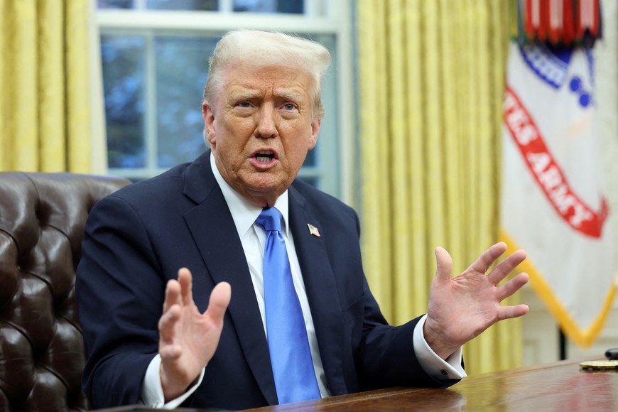 U.S. President Donald Trump speaks in the Oval Office of the White House in Washington, D.C., U.S., February 11, 2025.   REUTERS/Kevin Lamarque