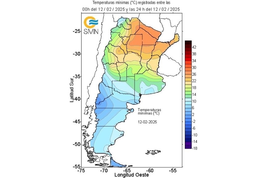 Las temperaturas en el mapa de este martes en Argentina, con leves reducciones. Crédito: SMN