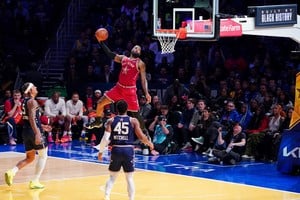 Feb 18, 2024; Indianapolis, Indiana, USA; Western Conference forward LeBron James (23) of the Los Angeles Lakers dunks the ball during the first half of the 73rd NBA All Star game at Gainbridge Fieldhouse. Mandatory Credit: Kyle Terada-USA TODAY Sports