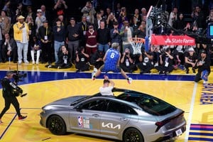 Feb 15, 2025; San Francisco, CA, USA; Osceola Magic guard Mac McClung competes in the slam dunk competition during All Star Saturday Night ahead of the 2025 NBA All Star Game at Chase Center. Mandatory Credit: Cary Edmondson-Imagn Images