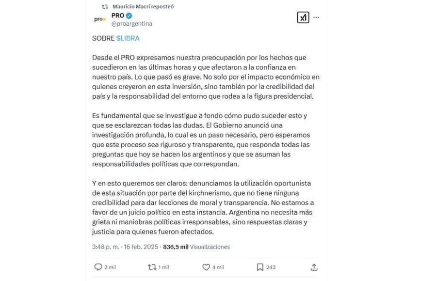 El comunicado es del PRO sobre $LIBRA que resposteó Mauricio Macri en X.