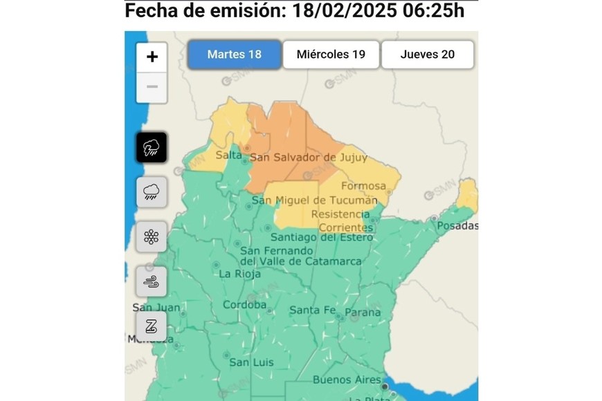 El gráfico de alertas por lluvias de este martes. Crédito: SMN