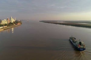 El río Paraná en el sur santafesino con la habitual presencia de barcos de gran porte. Foto: Fernando Nicola