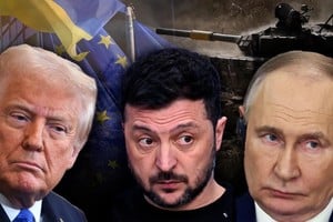 La combinación de imágenes muestra a los protagonistas excluyentes del conflicto en la actualidad: el inefable Donald Trump, el ucraniano Volodímir Zelenski y el sempiterno jerarca ruso, Vladímir Putin.