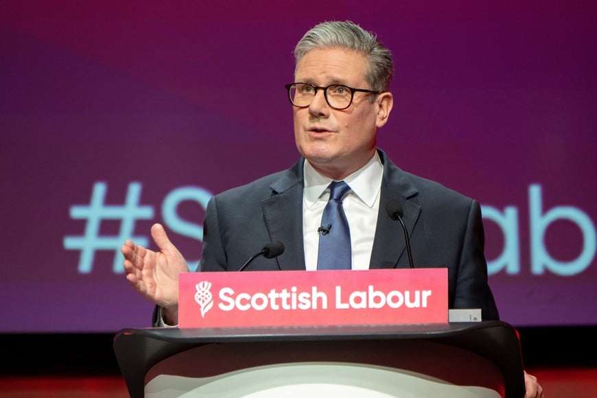 British Prime Minister Keir Starmer delivers his keynote speech at the Scottish Labour Party annual conference at the SEC (Scottish Event Campus), in Glasgow, Scotland, Britain, February 23, 2025. REUTERS/Lesley Martin