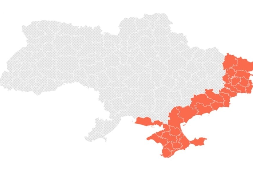 En rojo, el territorio ucraniano sobre el cual ha avanzado Rusia hasta febrero de 2025. Crédito: El Litoral / Flourish