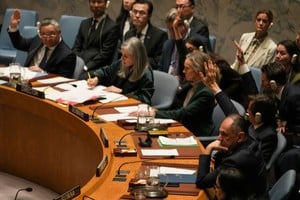 Members of the Security Council cast a vote during a United Nations Security Council meeting on the 3rd anniversary of Russia's invasion of Ukraine at U.N. headquarters in New York, U.S., February 24, 2025. REUTERS/David Dee Delgado