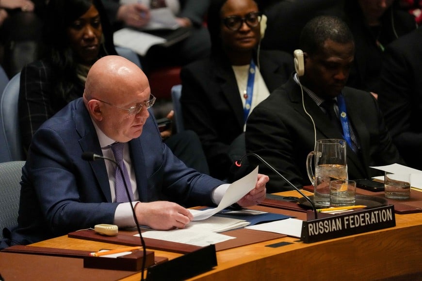 Russia's Permanent Representative Vasily Nebenzya speaks during a United Nations Security Council meeting on the 3rd anniversary of Russia's invasion of Ukraine at U.N. headquarters in New York, U.S., February 24, 2025. REUTERS/David Dee Delgado