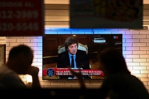 People sit in a restaurant as Argentina's President Javier Milei is seen on television during an interview, in Buenos Aires, Argentina, February 17, 2025. REUTERS/Pedro Lazaro Fernandez