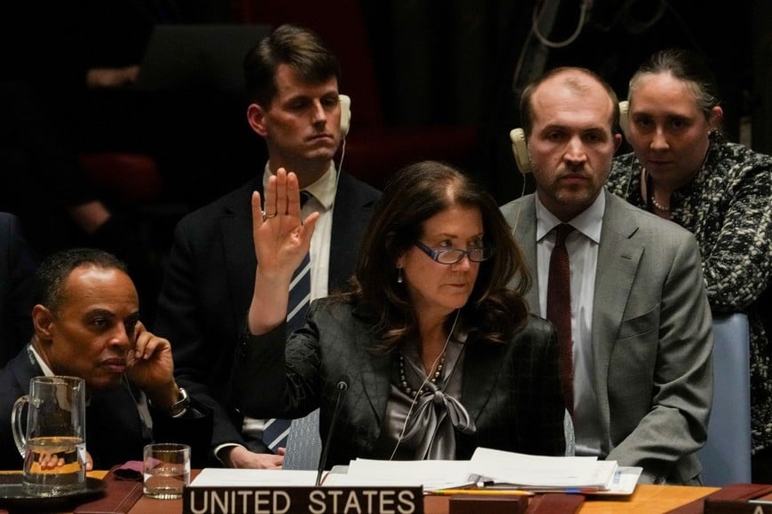 Dorothy Camille Shea, Deputy U.S. Representative to the United Nations, casts a vote during a United Nations Security Council meeting on the 3rd anniversary of Russia's invasion of Ukraine at U.N. headquarters in New York, U.S., February 24, 2025. REUTERS/David Dee Delgado