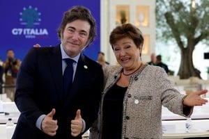 Managing director of the International Monetary Fund (IMF) Kristalina Georgieva and Argentina's President Javier Milei talk ahead of a session on Artificial Intelligence (AI), Energy, Africa and Mediterranean on the second day of the G7 summit in Borgo Egnazia, Italy, June 14, 2024. REUTERS/Louisa Gouliamaki

     TPX IMAGES OF THE DAY