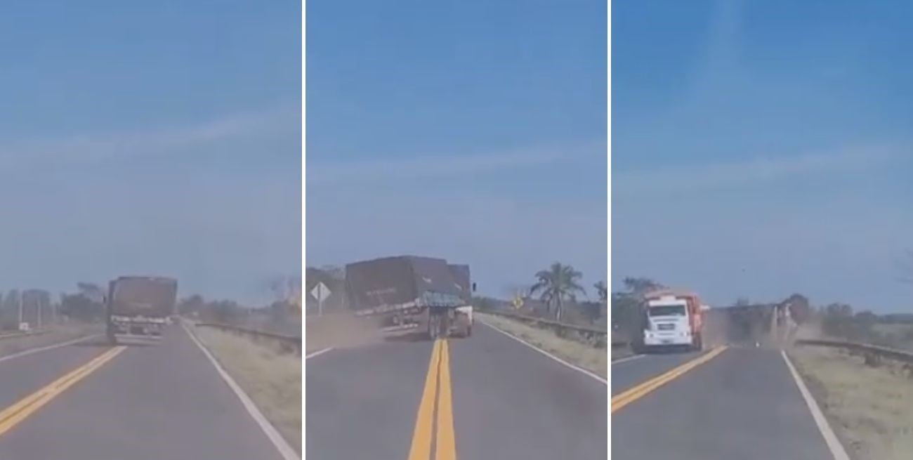 Video: un camión zigzagueó en la ruta, volcó e impactó con otro transporte de carga